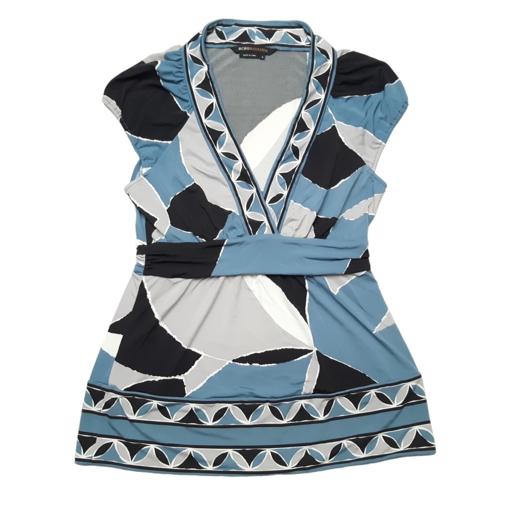 BCBGMaxazria Top Womens Small‎ Blue Abstract Geometric Empire Waist V Neck